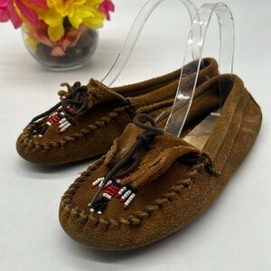 Minnetonka Brown Suede Beaded Moccasin Authentic Size 7 MOC6995
